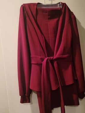 Burgundy Tie-Waist Draped Open Cardigan